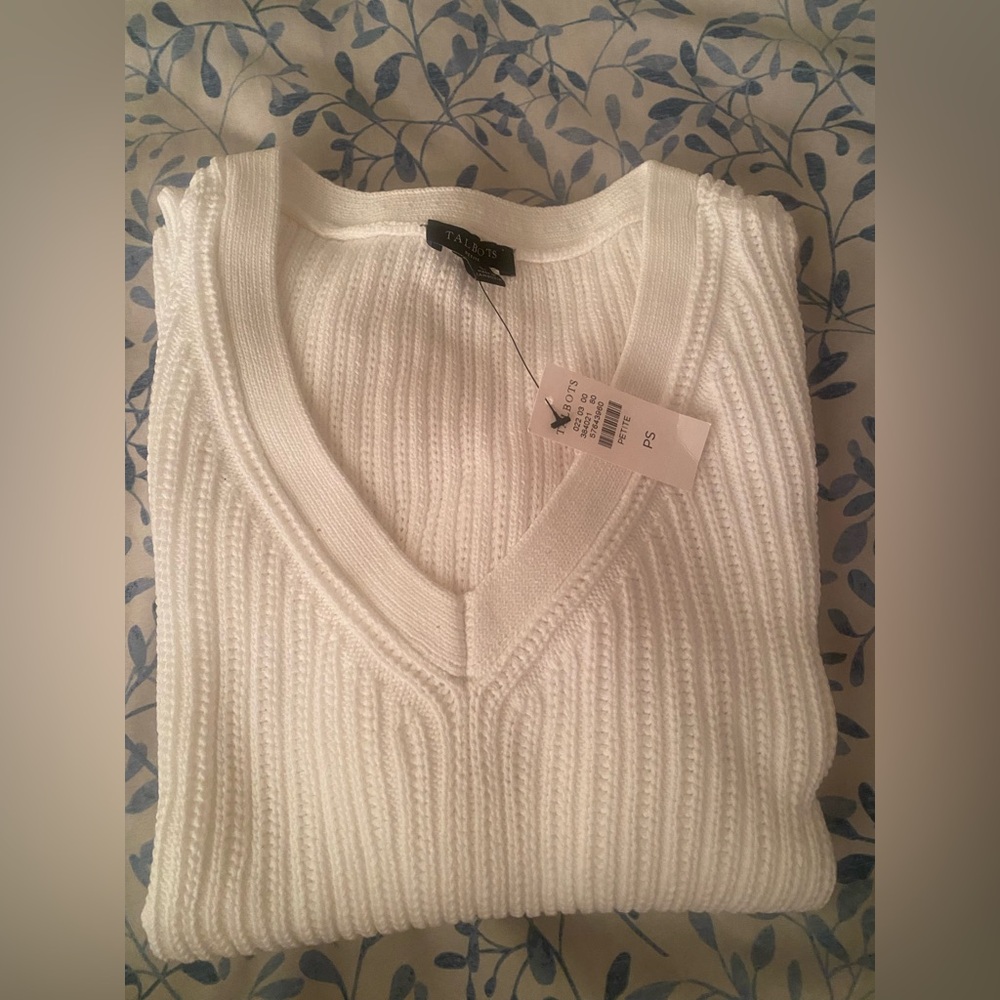 Talbots Cream Ribbed V-Neck Sweater - Women's